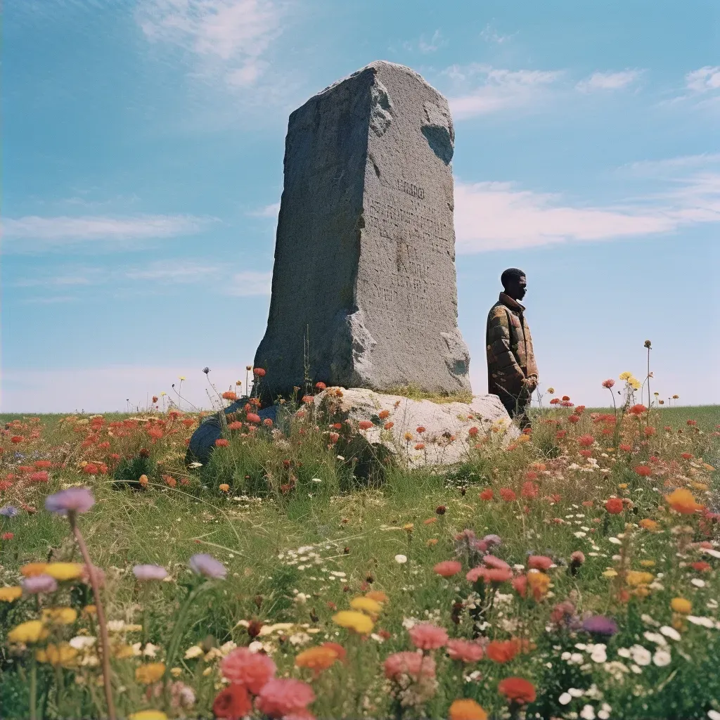 Illustration of a weathered stone monument with blooming flowers around it - Image 2