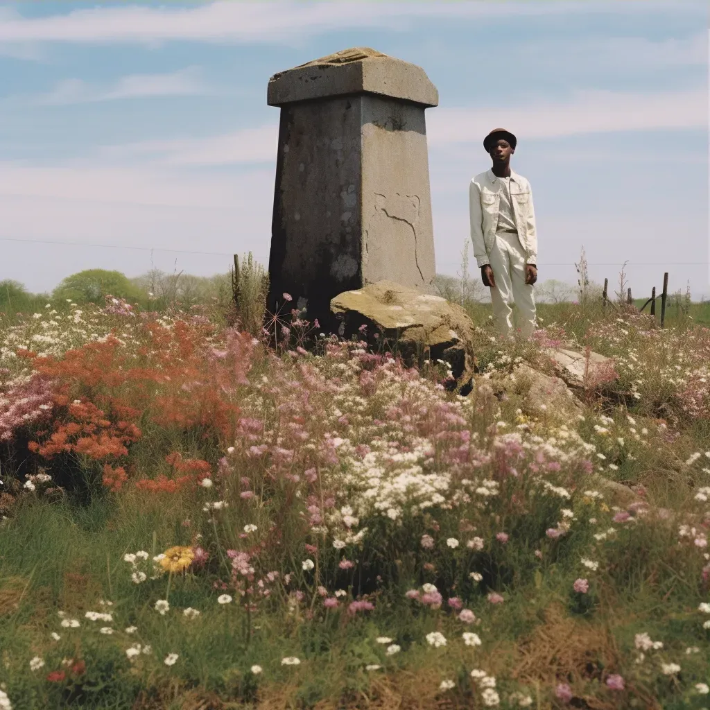 Illustration of a weathered stone monument with blooming flowers around it - Image 3