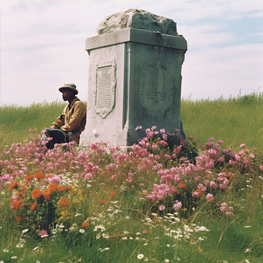 Illustration of a weathered stone monument with blooming flowers around it - Image 4