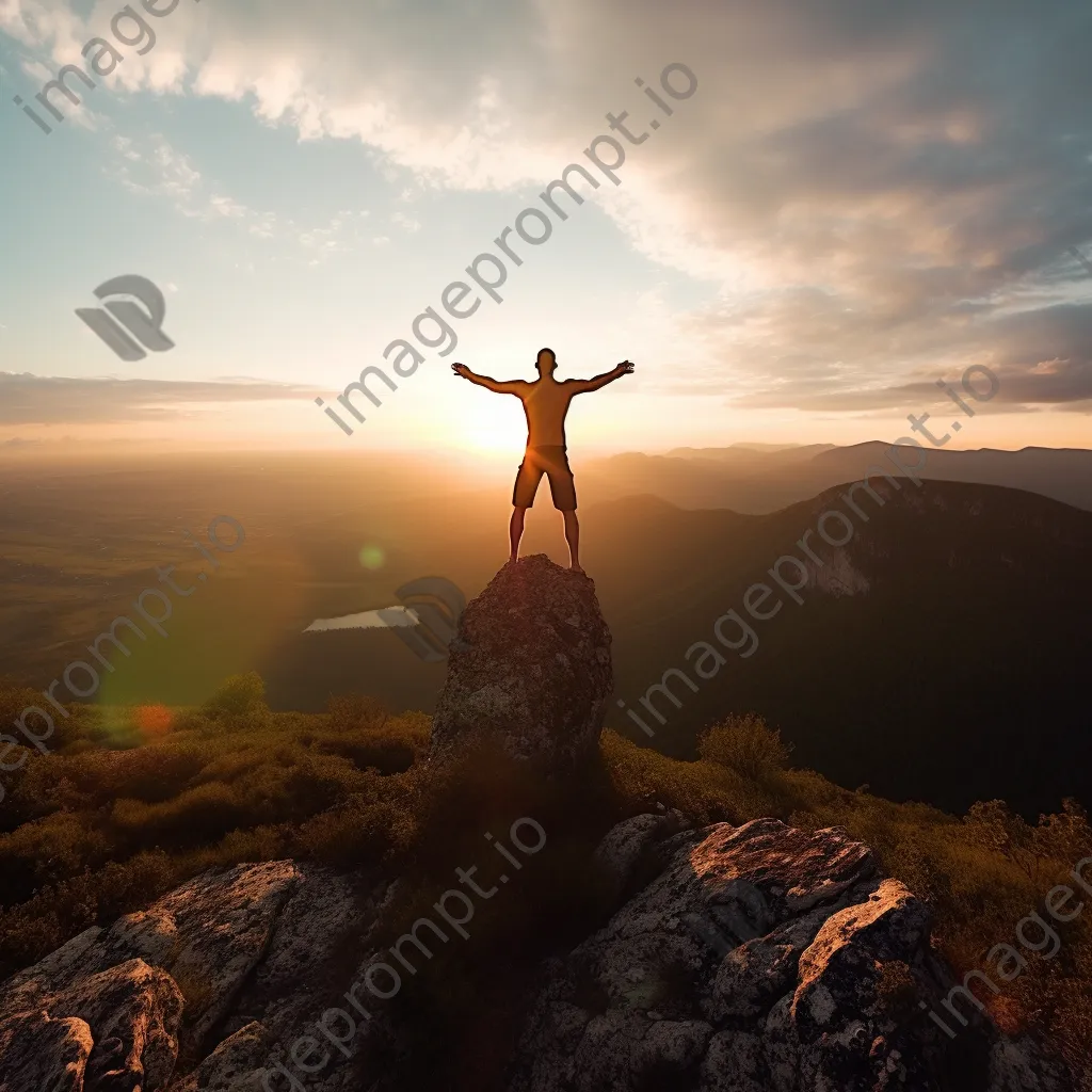 Man practicing yoga on a mountaintop at sunset - Image 1