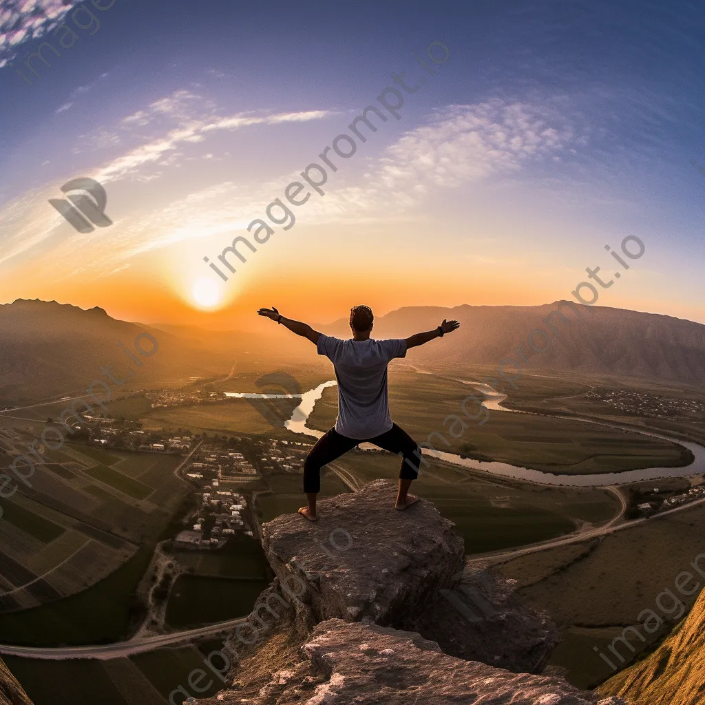 Man practicing yoga on a mountaintop at sunset - Image 2