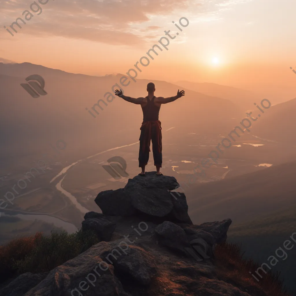 Man practicing yoga on a mountaintop at sunset - Image 3