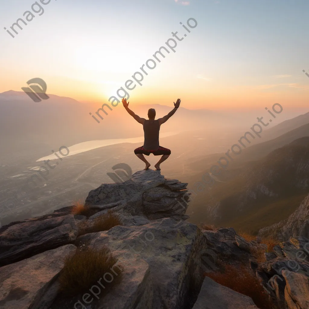 Man practicing yoga on a mountaintop at sunset - Image 4