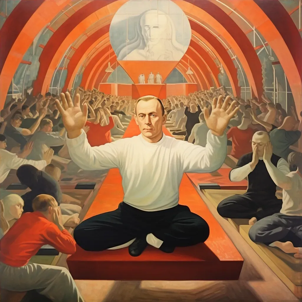 Spiritual leader practicing yoga in busy gym - Image 4