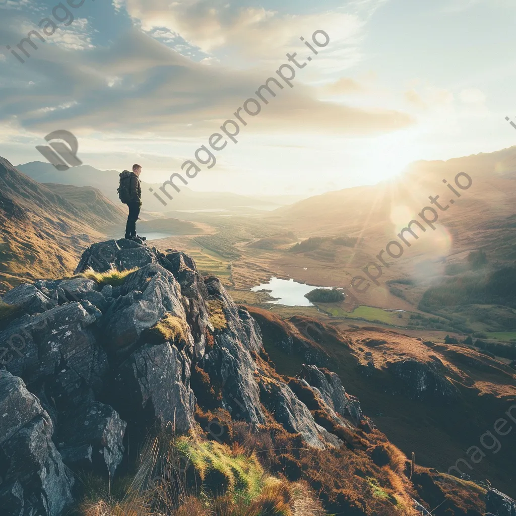 A hiker on a rocky cliff gazing over a sunlit valley - Image 1