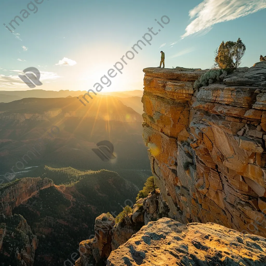 A hiker on a rocky cliff gazing over a sunlit valley - Image 2