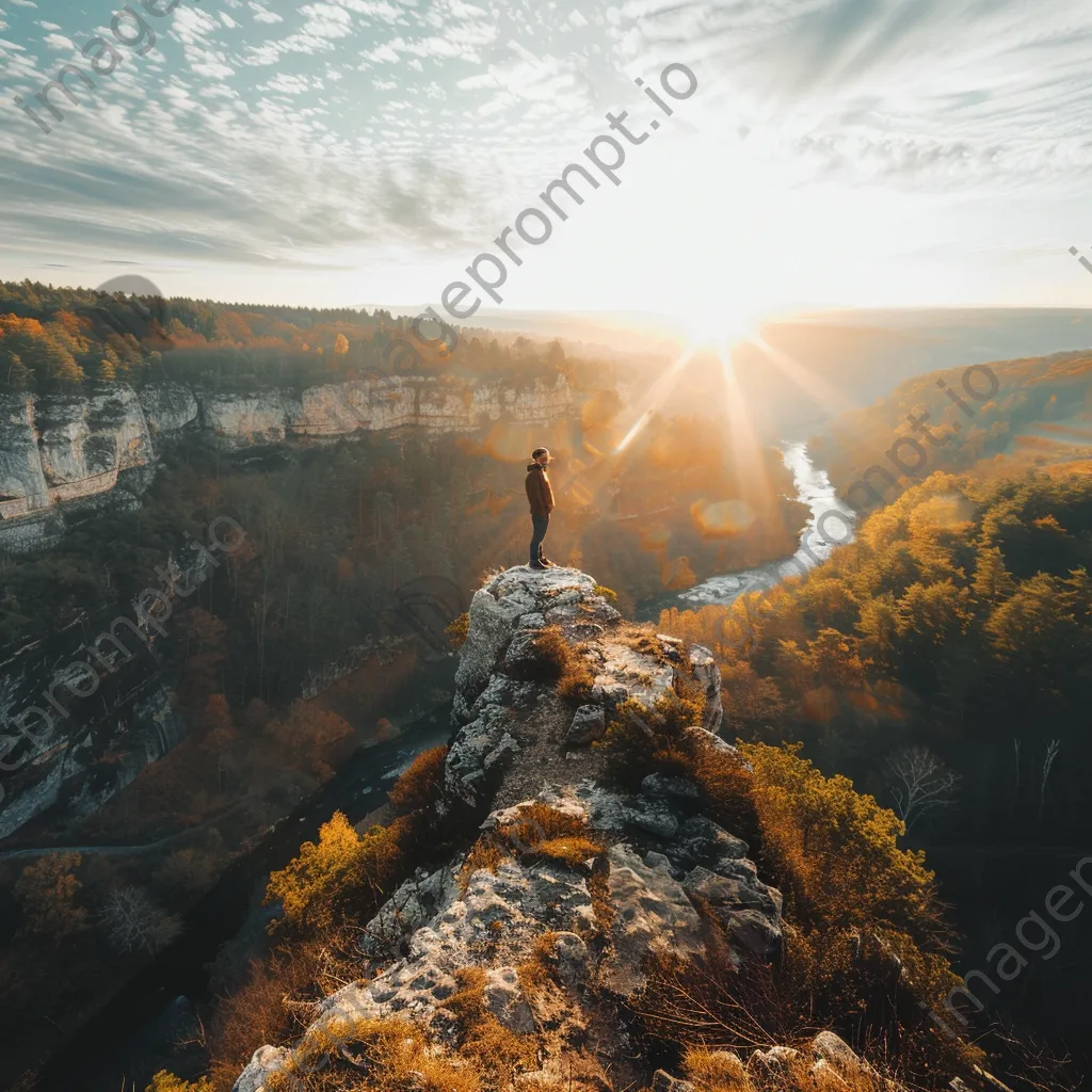 A hiker on a rocky cliff gazing over a sunlit valley - Image 3