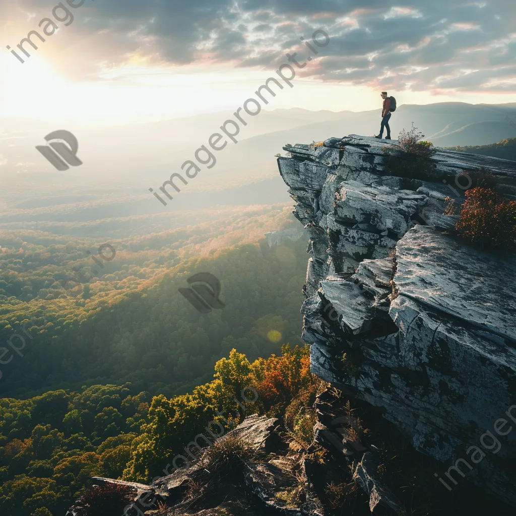 A hiker on a rocky cliff gazing over a sunlit valley - Image 4