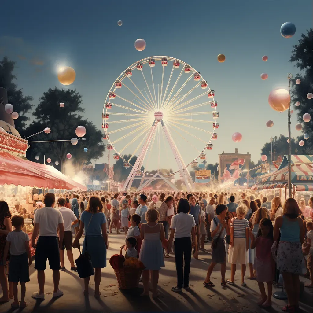 Summer fair with Ferris wheel, cotton candy stalls, and happy crowd - Image 1