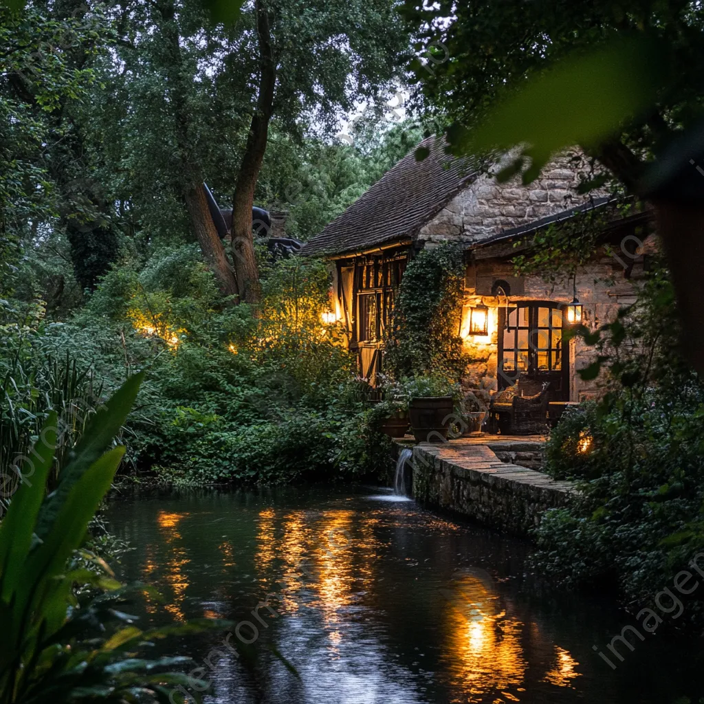 Historic watermill illuminated at dusk - Image 1