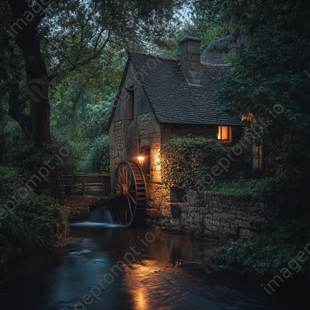 Historic watermill illuminated at dusk - Image 2