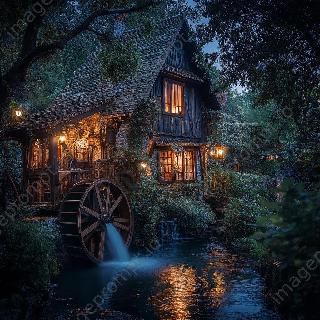 Historic watermill illuminated at dusk - Image 3