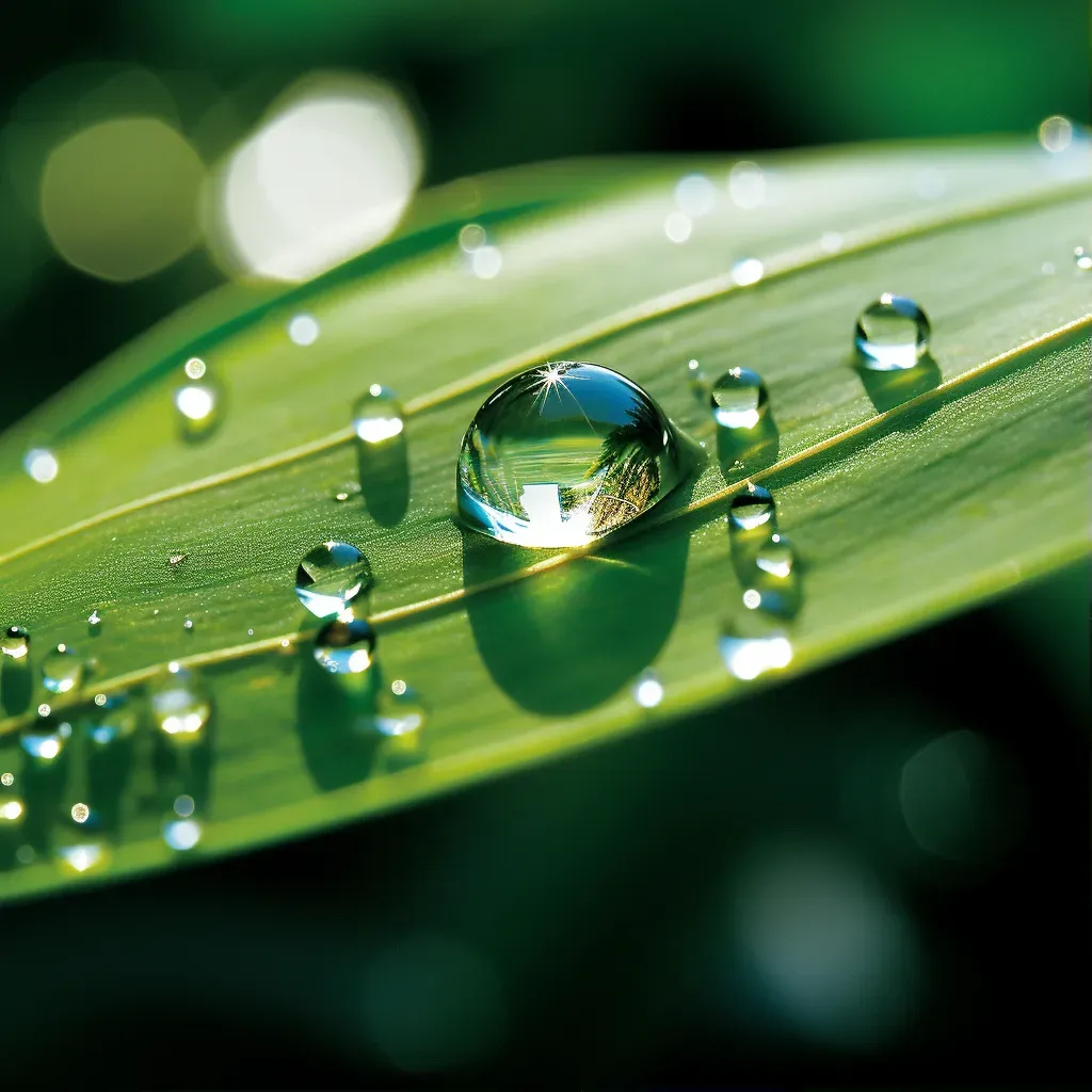 Macro view image of a dewdrop on a leaf reflecting the surrounding environment - Image 1