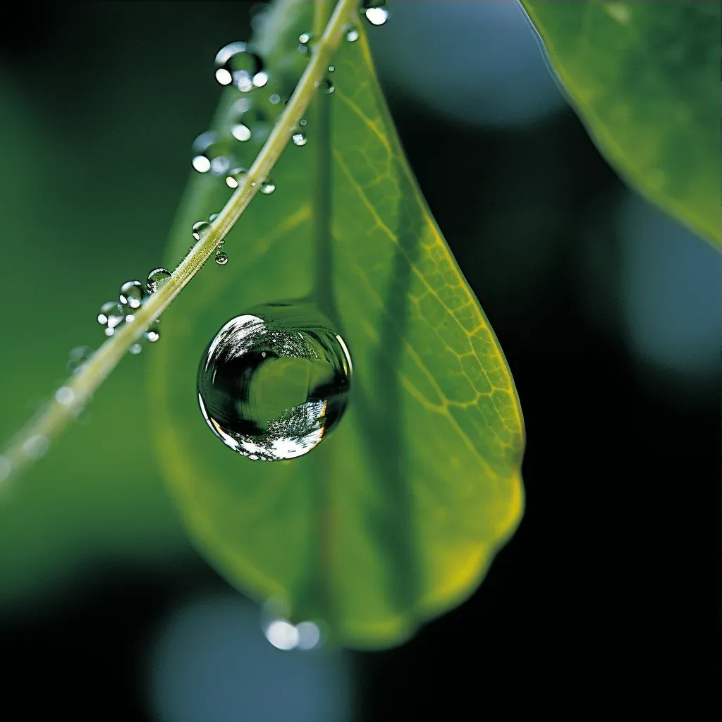 Macro view image of a dewdrop on a leaf reflecting the surrounding environment - Image 3