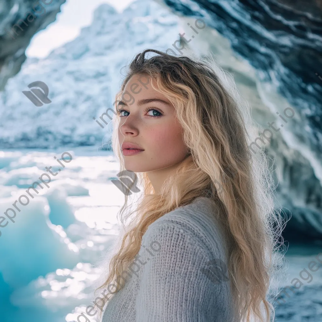 Interior of a glacier cave with delicate ice formations in soft blue tones - Image 1