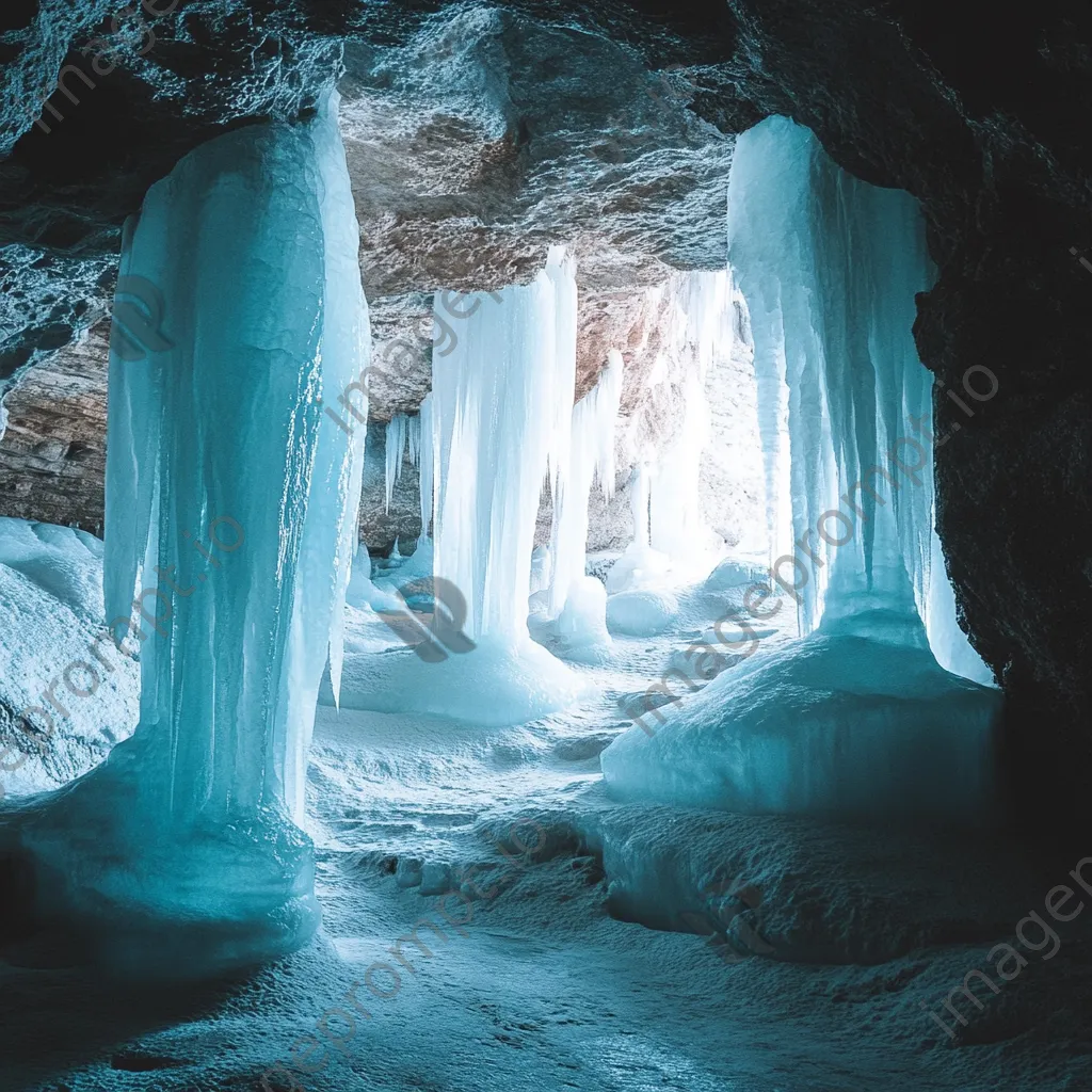 Interior of a glacier cave with delicate ice formations in soft blue tones - Image 2