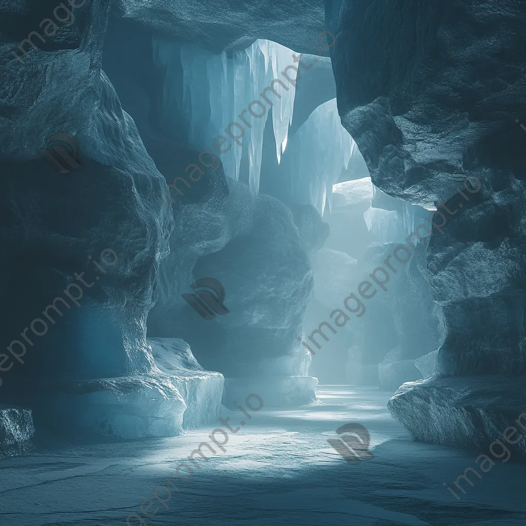 Interior of a glacier cave with delicate ice formations in soft blue tones - Image 3