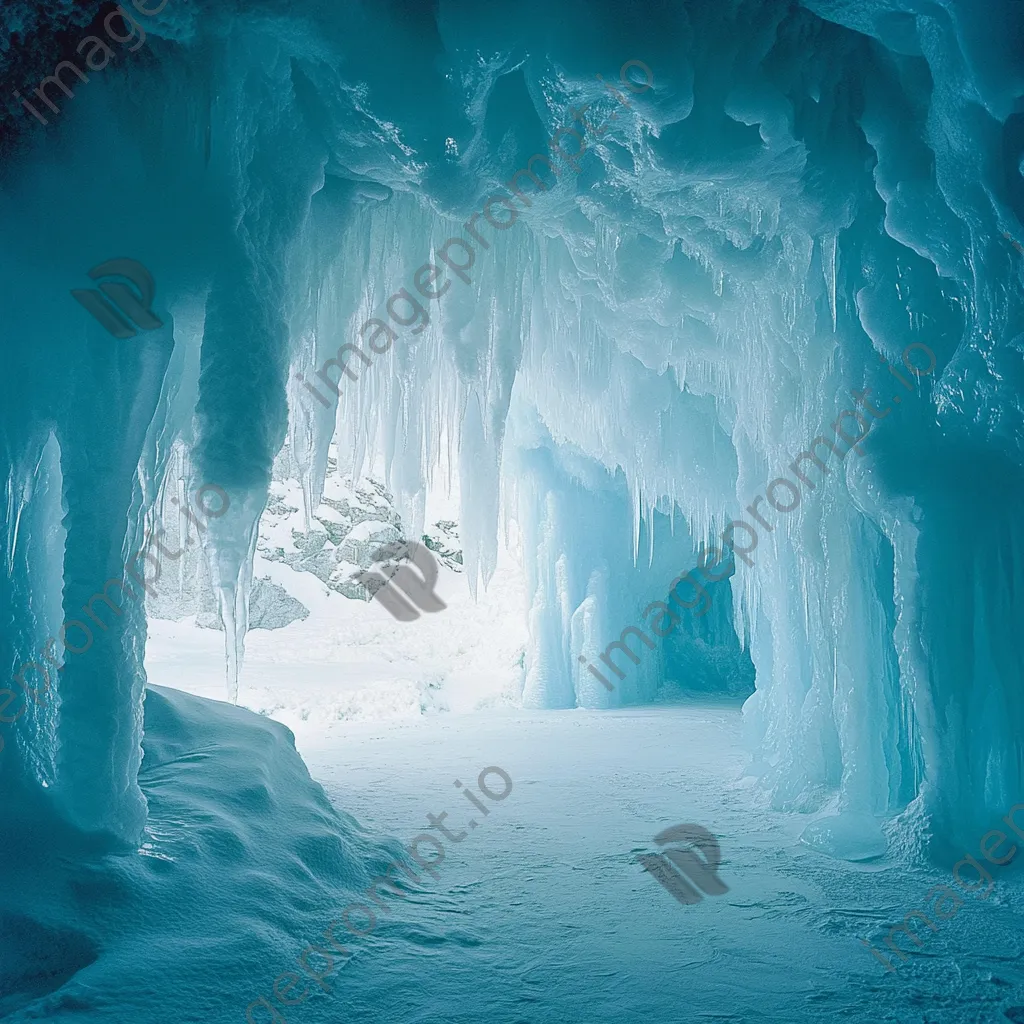 Interior of a glacier cave with delicate ice formations in soft blue tones - Image 4