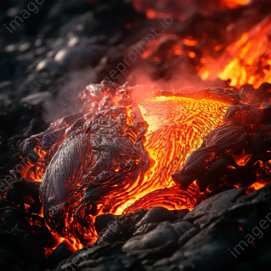 Close-up of molten lava flowing down a volcano in bright sunlight - Image 1