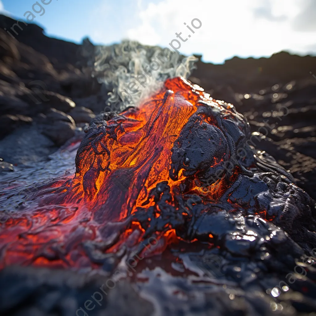 Close-up of molten lava flowing down a volcano in bright sunlight - Image 3