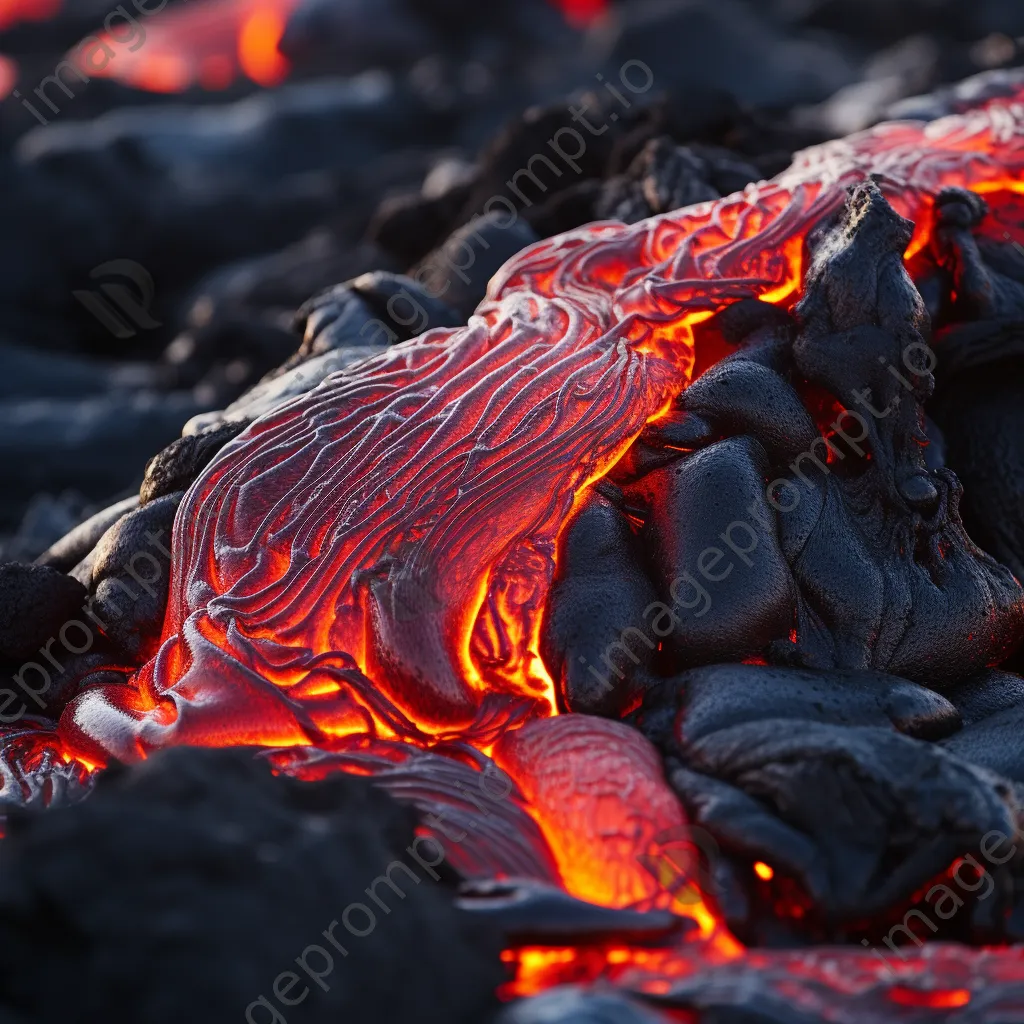 Close-up of molten lava flowing down a volcano in bright sunlight - Image 4