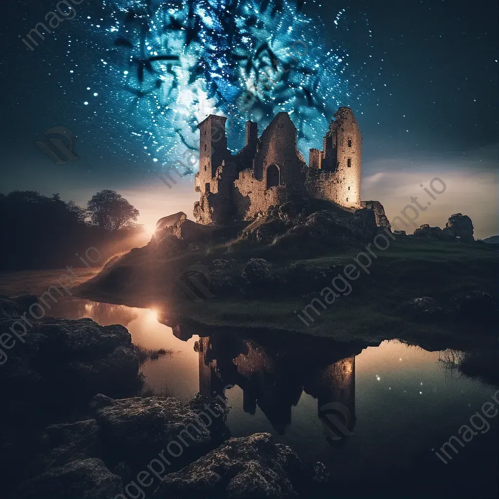 Milky Way galaxy over castle ruins with fog and stars - Image 1