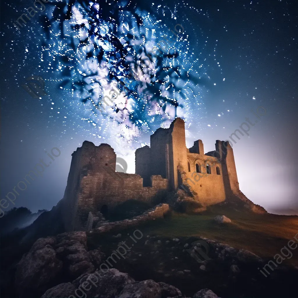 Milky Way galaxy over castle ruins with fog and stars - Image 2