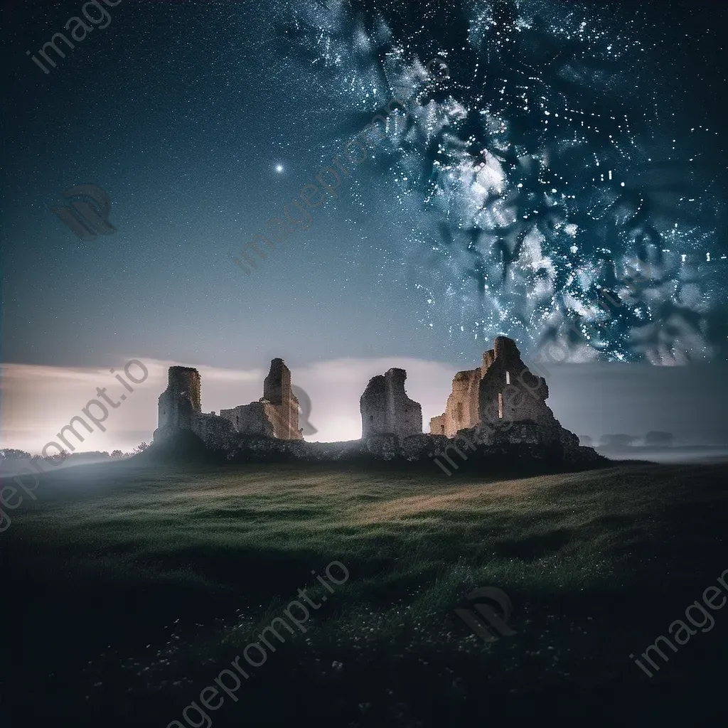 Milky Way galaxy over castle ruins with fog and stars - Image 4