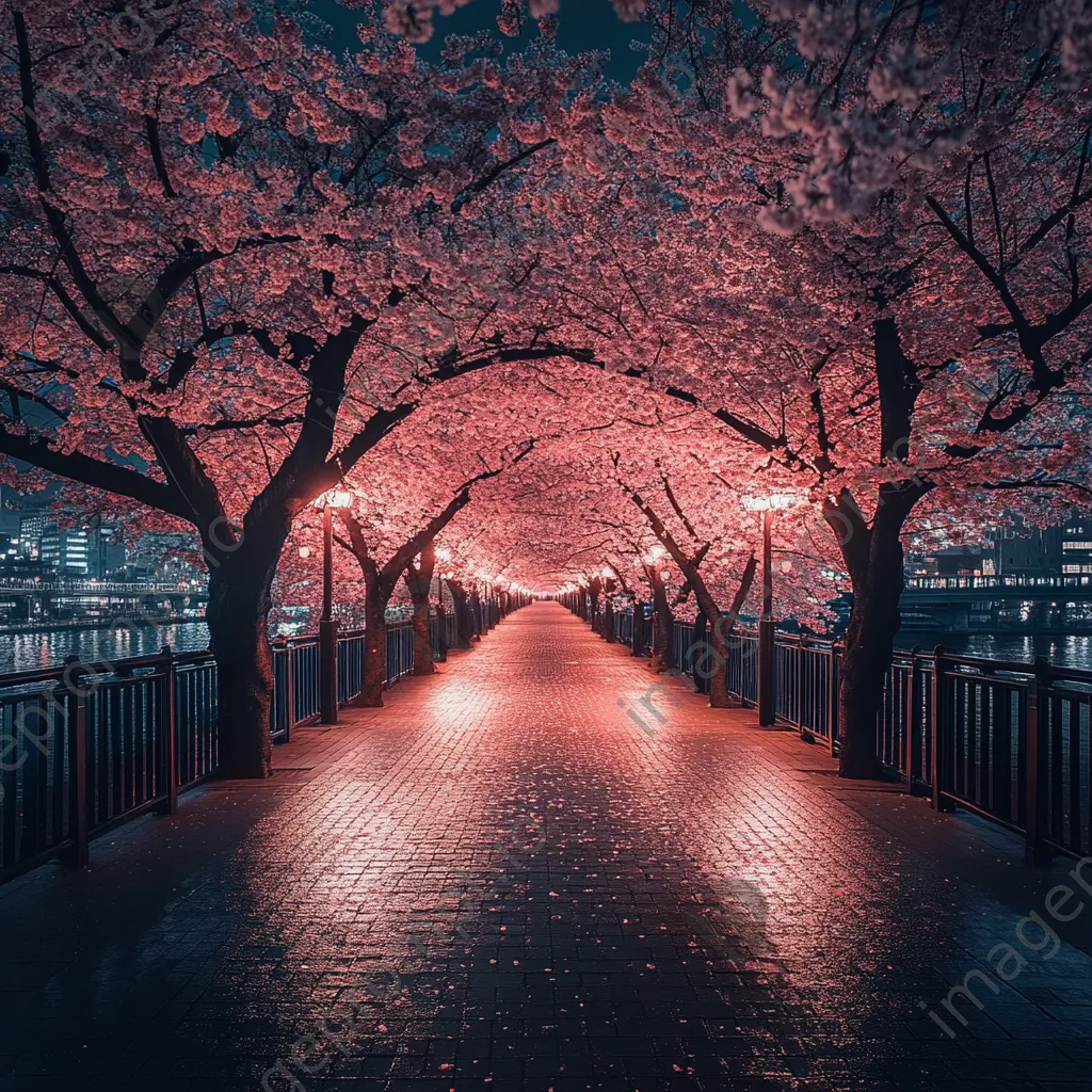 Pathway lined with blooming cherry blossom trees - Image 1