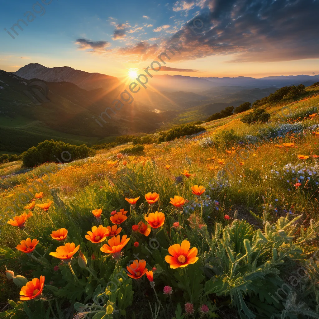 Mountain plateau landscape with wildflowers at sunset. - Image 1