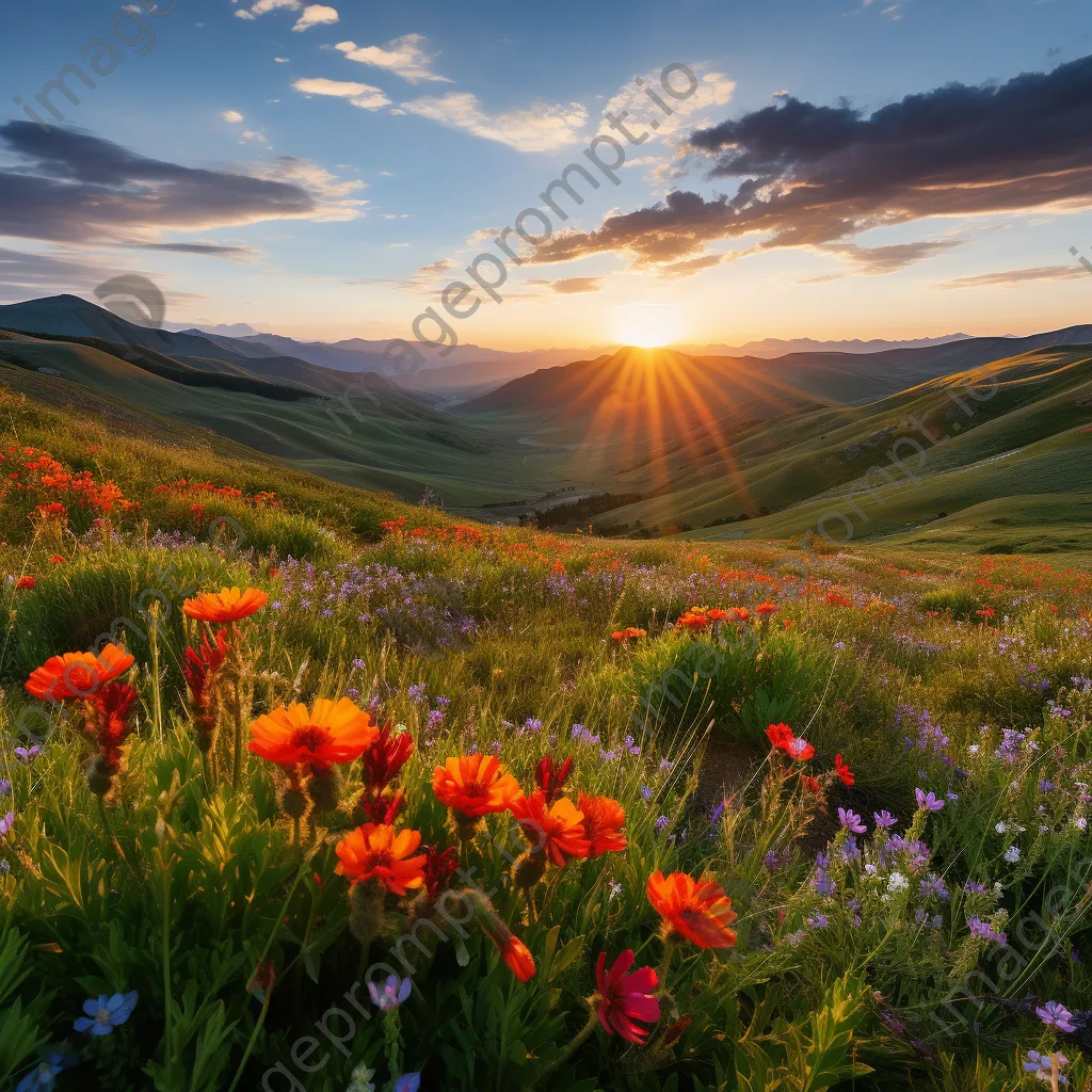 Mountain plateau landscape with wildflowers at sunset. - Image 2