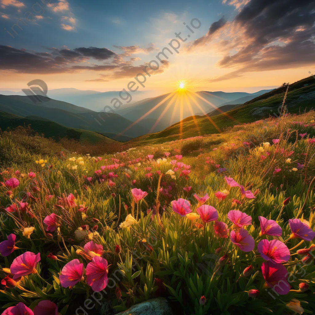 Mountain plateau landscape with wildflowers at sunset. - Image 3