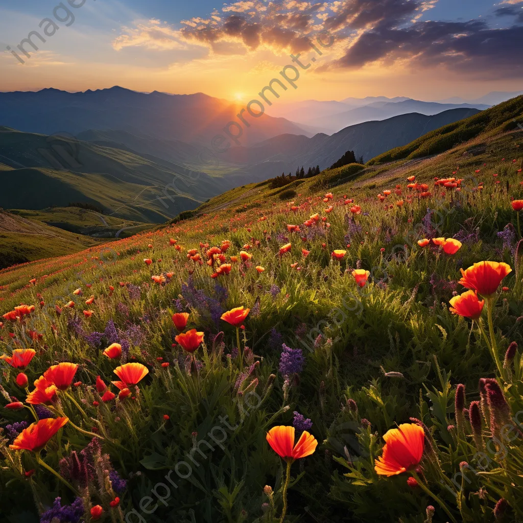 Mountain plateau landscape with wildflowers at sunset. - Image 4