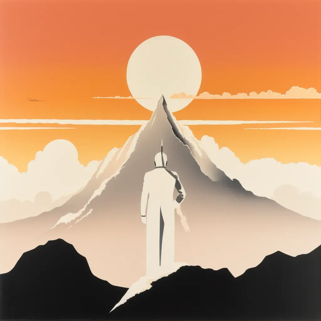 Illustration of mountain climber at towering peak with sunrise - Image 1