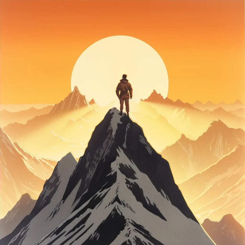 Illustration of mountain climber at towering peak with sunrise - Image 4