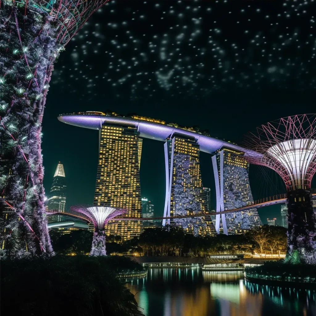 Night view of futuristic Singapore skyline with Marina Bay Sands and SuperTree Grove - Image 4