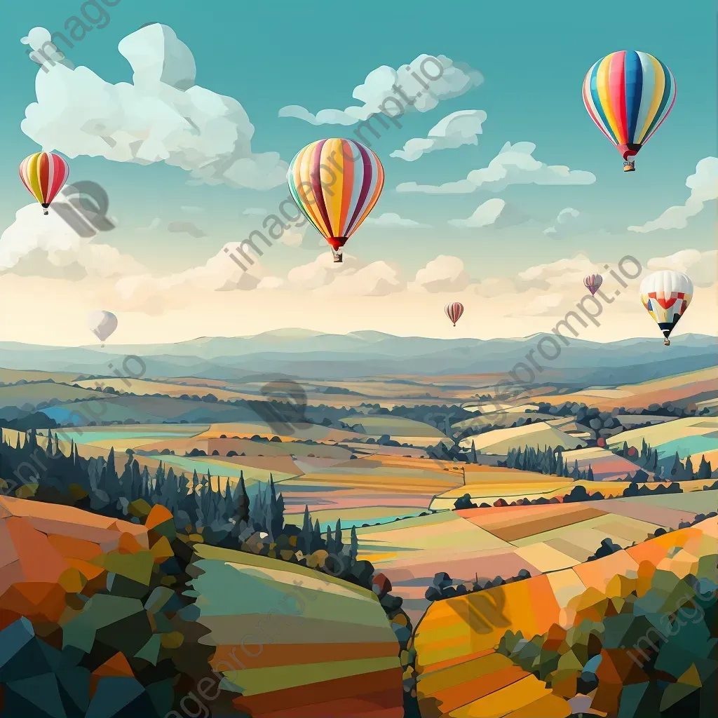 Classic hot air balloons in low poly style drifting over intricate patchwork fields - Image 1