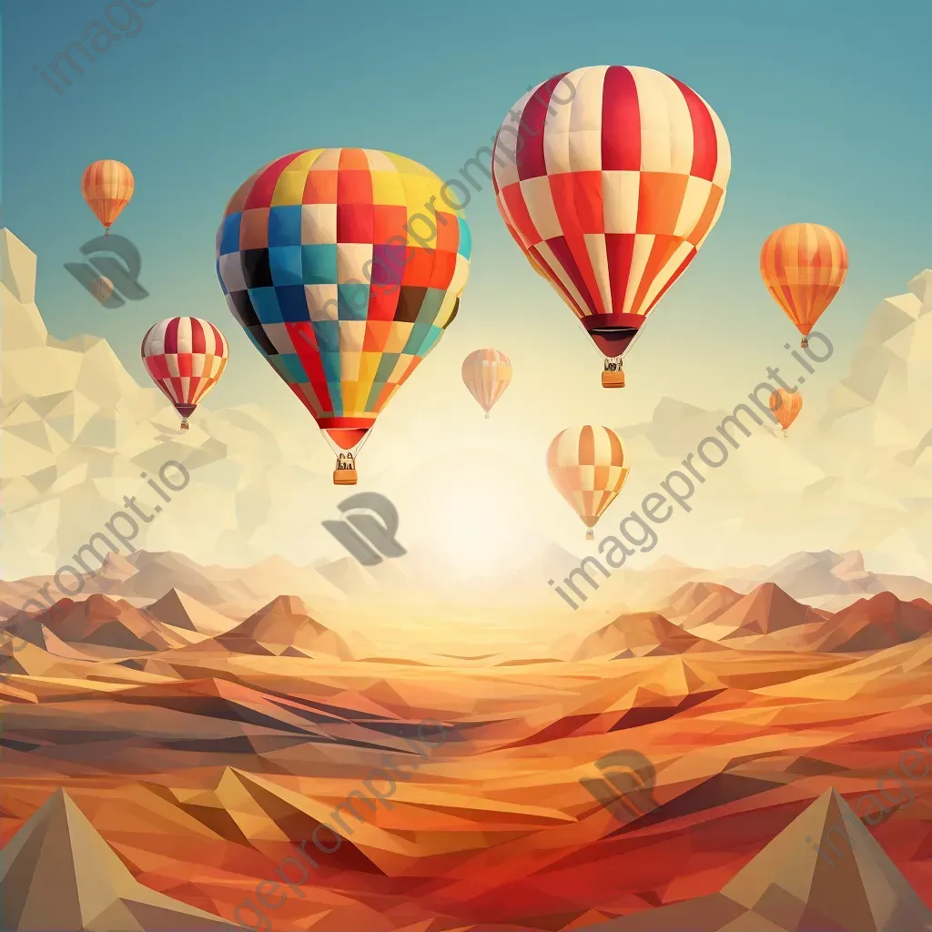 Classic hot air balloons in low poly style drifting over intricate patchwork fields - Image 2