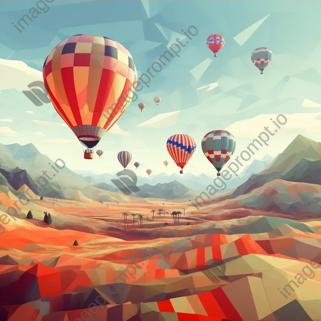 Classic hot air balloons in low poly style drifting over intricate patchwork fields - Image 3