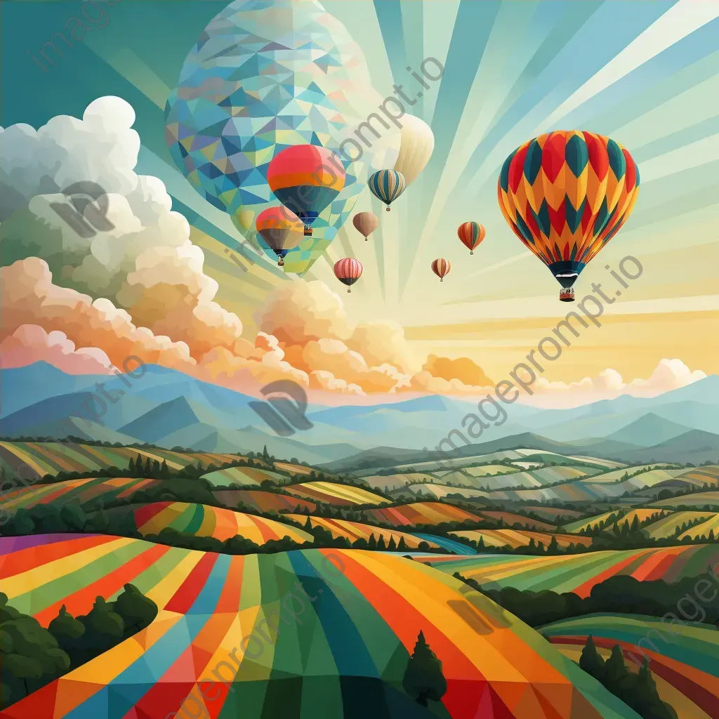 Classic hot air balloons in low poly style drifting over intricate patchwork fields - Image 4