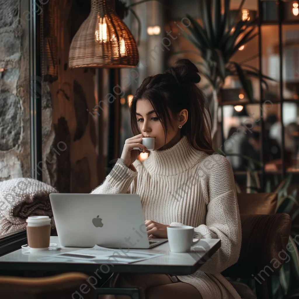 Influencer working on laptop in café - Image 1