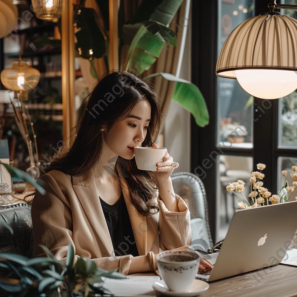 Influencer working on laptop in café - Image 2