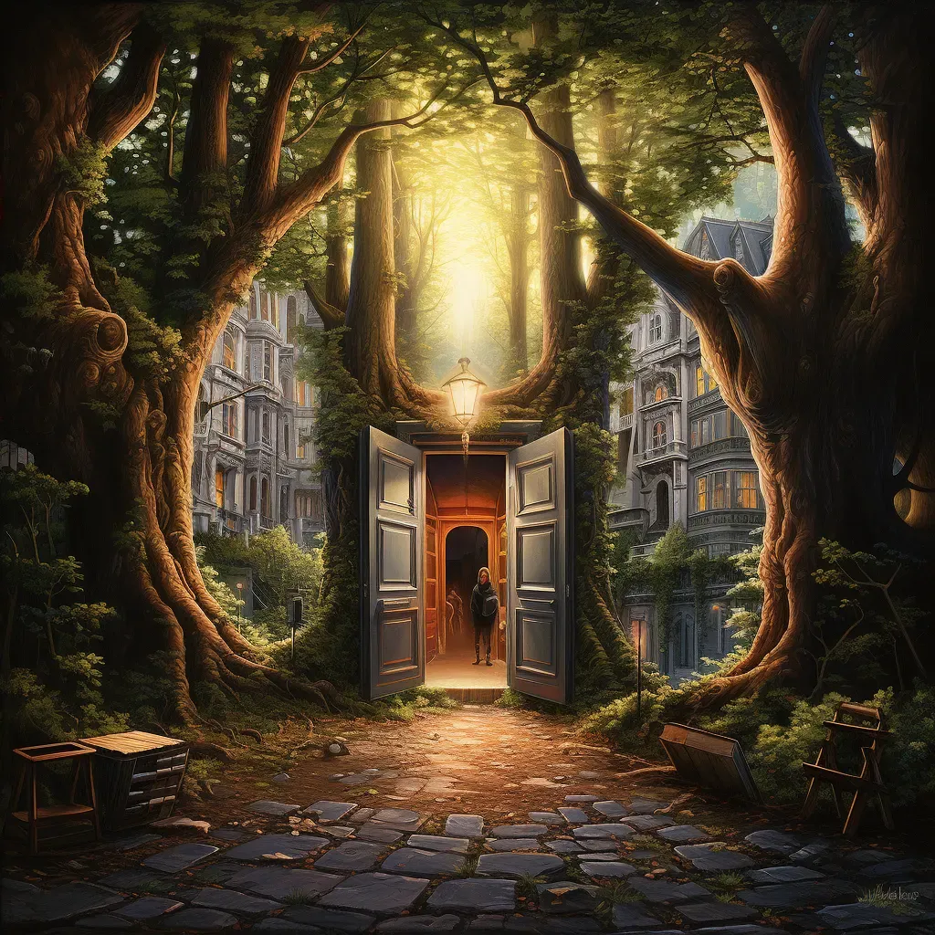 Forest doorway opening to vibrant city street - Image 4