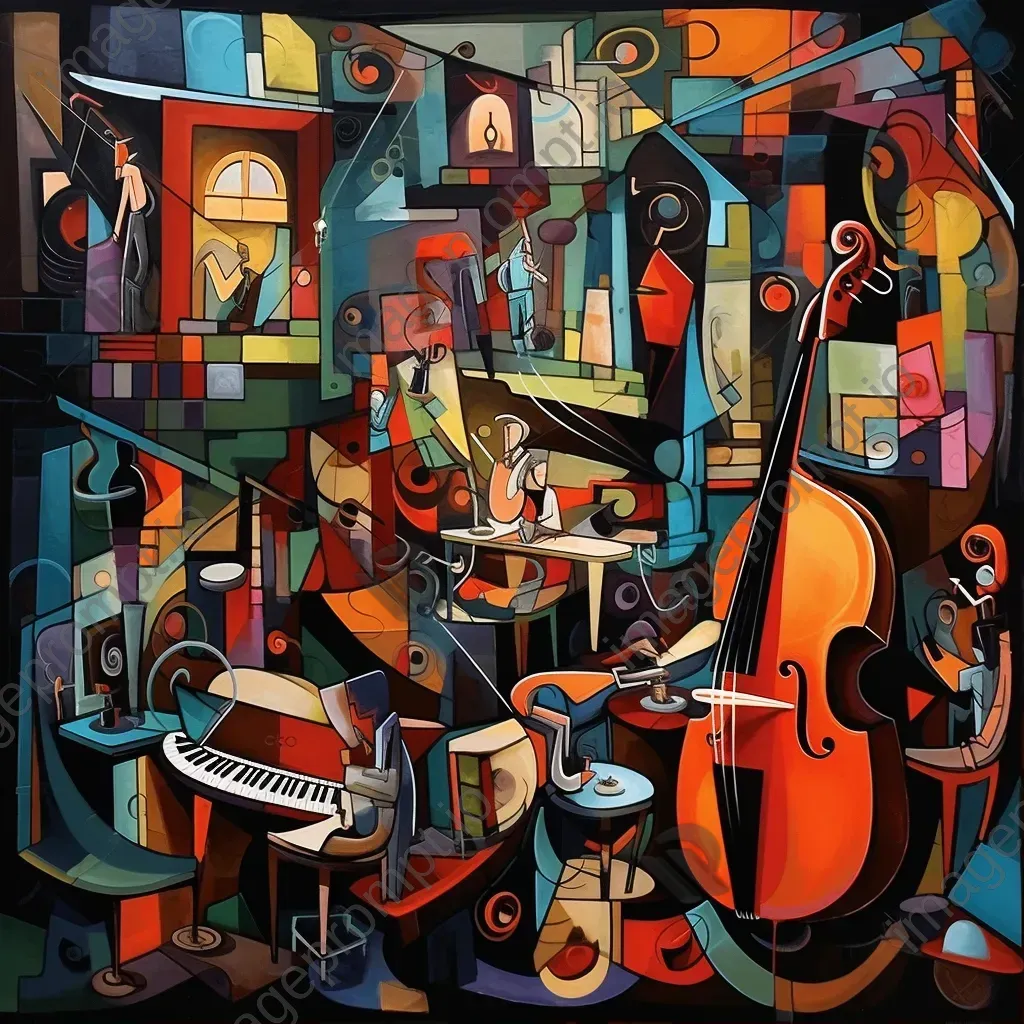 Cubist interpretation of a jazz club scene with murmuring crowd - Image 1