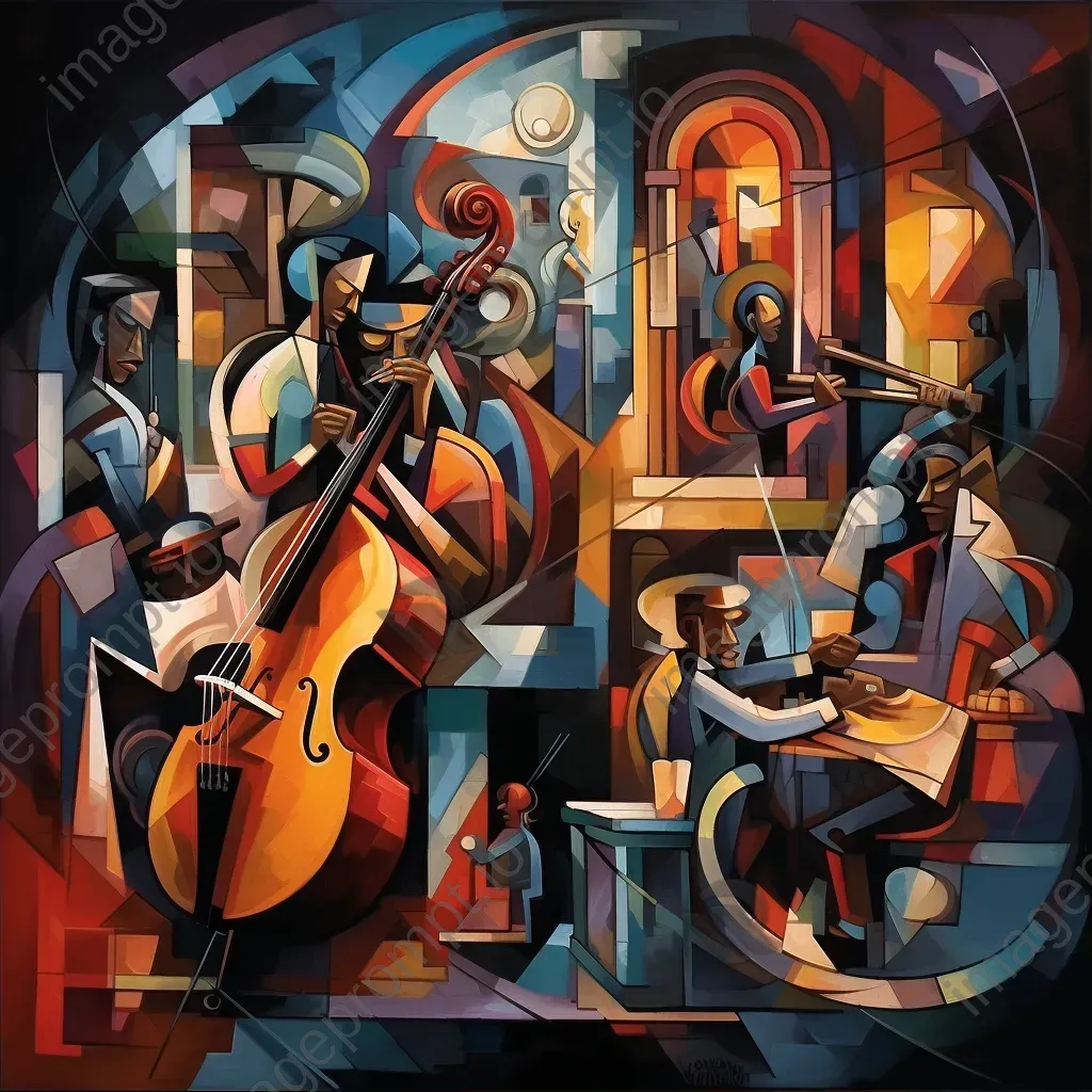 Cubist interpretation of a jazz club scene with murmuring crowd - Image 2