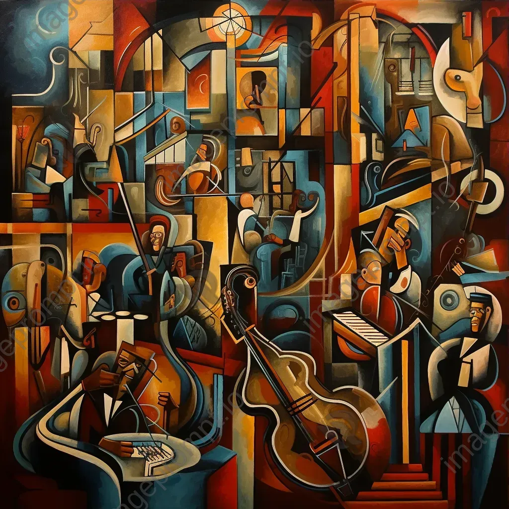 Cubist interpretation of a jazz club scene with murmuring crowd - Image 3