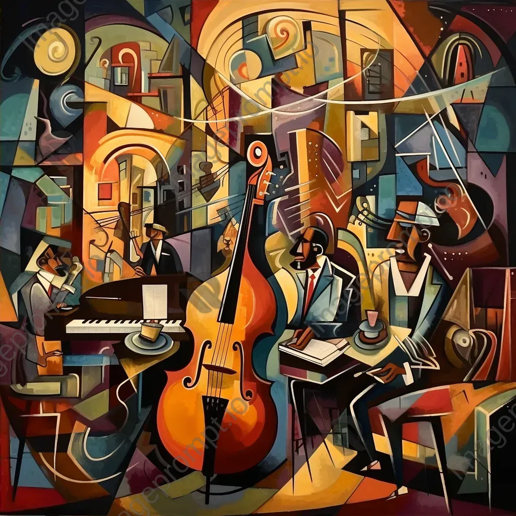 Cubist interpretation of a jazz club scene with murmuring crowd - Image 4