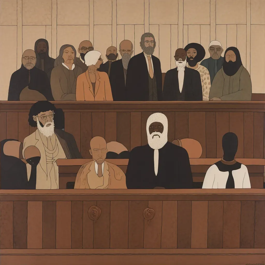 Courtroom illustration featuring diverse historical figures in the jury box. - Image 2