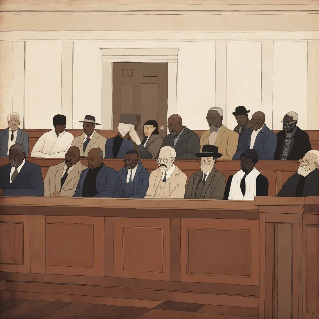 Courtroom illustration featuring diverse historical figures in the jury box. - Image 3