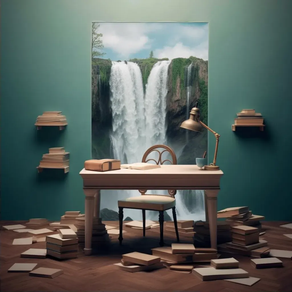 Illusion of waterfall flowing from a book onto a desk - Image 2